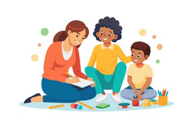 Bir kadın bir çocuk ve başka bir çocukla yerde oturuyor. Kadın bir kağıt parçasına yazıyor. Çocuklar kadına bakıyor ve ne yaptığıyla ilgileniyor gibi görünüyorlar.