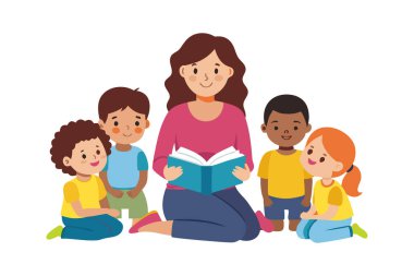 Bir kadın bir grup çocuğa kitap okuyor. Çocuklar onun önünde yerde oturuyorlardı.