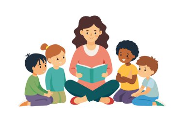 Bir kadın bir grup çocuğa kitap okuyor. Çocuklar yerde daireler çizerek oturuyorlar.