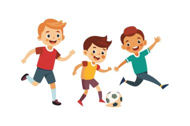 Üç çocuk futbol oynuyor. Bir çocuk kırmızı gömlek ve şort giyiyor. Diğer iki çocuk sarı ve yeşil tişörtler giyiyor.