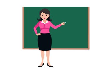 Pembe gömlekli bir kadın yeşil bir karatahtanın önünde duruyor. Elinde tebeşir var ve bir öğretmen.