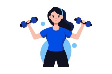 An illustration of a woman exercising with dumbbells, emphasizing strength and fitness in a workout setting. clipart