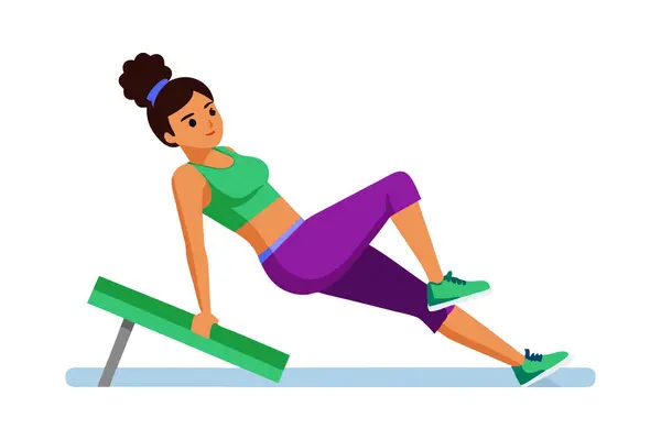 stock vector A woman performing a tricep dip exercise on a bench. She is wearing workout clothes and is focused on her fitness routine, isolated on white background.