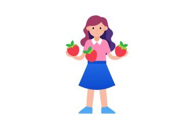 Bir kadın iki elma tutar, pembe gömlek giyer.