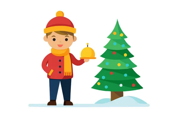 stock vector Cartoon boy ring bell by christmas tree