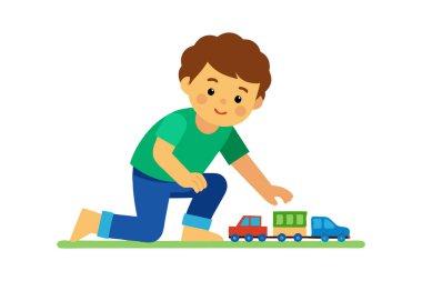 Yerde oyuncak bir trenle oynayan genç bir çocuğun renkli bir tasviri. Çocuk temaları, oyun zamanı ve eğlence aktiviteleri için ideal.