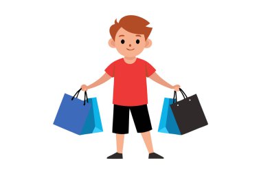 İki elinde alışveriş torbaları taşıyan mutlu bir çocuk tasviri, eğlenceli ve eğlenceli alışveriş deneyimleri tasvir ediyor..