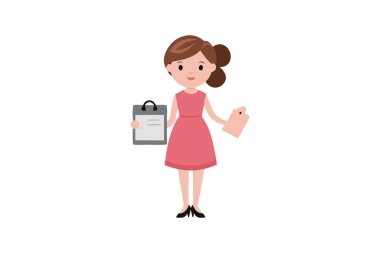 Elinde dosya ve kağıt tutan pembe elbiseli sevimli bir iş kadını ofis işleri ve görevleri için hazır..