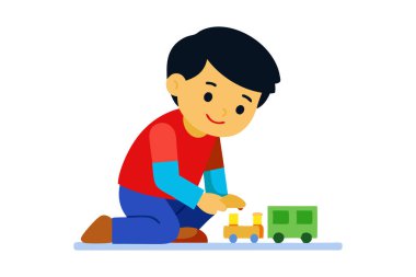 Yerde oyuncak trenle oynayan, çocukluk sevinci ve yaratıcı oyun sergileyen mutlu bir gencin renkli vektör çizimi.