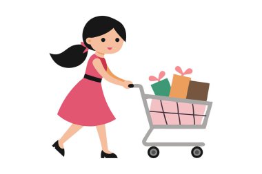 Hediye kutuları ve hediyelerle alışveriş arabasını iten bir kadın tasviri. Alışveriş, tatil ve hediye verme gibi konular için ideal.