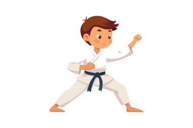 Beyaz karate üniforması ve siyah kuşak giyen, dövüş sanatları yapan genç bir çocuğun çizimi. Çocuk çarpıcı bir duruş sergiliyor, odaklanma ve kararlılık gösteriyor..