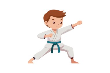 Beyaz karate üniforması ve mavi kuşak giyen genç bir çocuğun dövüş sanatları çalışmalarının bir parçası olarak yumruk attığı bir resim. Çocuk beceri ve hassasiyet gösteriyor..