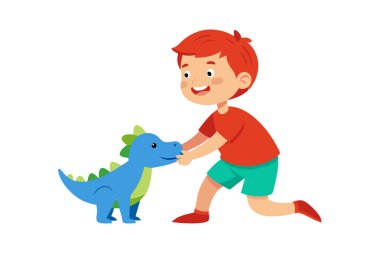 Kızıl saçlı çocuk mavi dinozor oyuncağıyla oynuyor, dışarıda eğleniyor..