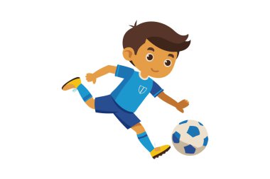 Mavi futbol formalı bir çocuğun topa vurduğu ve hareketli bir spor hareketi sergilediği bir resim..