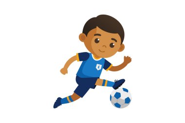 Mavi futbol formalı bir çocuğun topa vurduğu ve hareketli bir spor hareketi sergilediği bir resim..