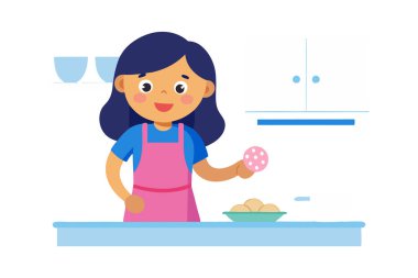Mutfakta pembe önlüklü kurabiye pişiren bir kadının resmi..