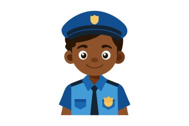 Mavi polis şapkası takan siyahi bir adamın karikatürü. Gülümsüyor ve kameraya bakıyor.