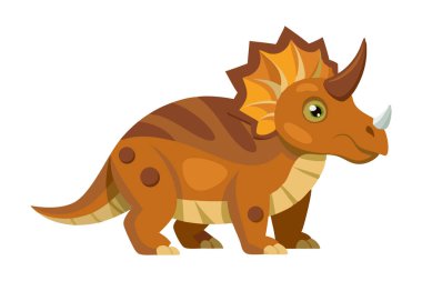 Sarı ve kahverengi bir vücudu ve kafasında sarı bir boynuzu olan bir karikatür dinozor. Dinozor kameraya bakıyor.
