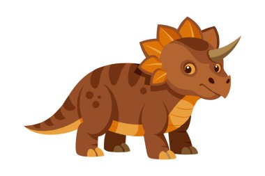 Kafasında boynuz olan bir karikatür dinozor. Dinozor kahverengi ve turuncudur. Beyaz bir arka planda duruyor.