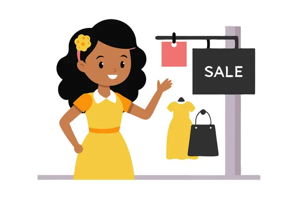 stock vector Colorful illustration of a girl smiling and promoting a sale with a dress and shopping bag display. Perfect for retail promotions and marketing materials.