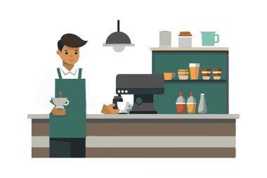 Barista, modern bir kafe ortamında kahve yapıyor. Profesyonel bir espresso makinesi, çeşitli fincanlar ve aletlerle sergileniyor..