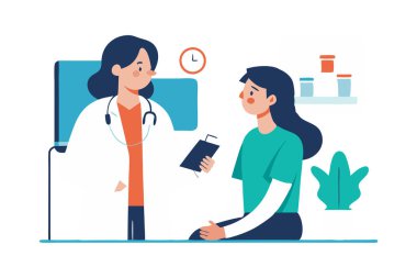 Tıp bürosunda bir hastaya danışmanlık yapan bir doktorun tasviri. Sağlık hizmetleri, tıbbi danışma ve teşhisle ilgili konular için mükemmel.