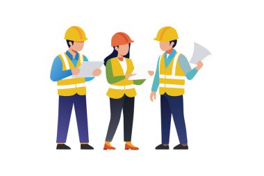 Güvenlik kaskı ve yelekleri takan inşaat işçilerinin tasviri, proje planları tartışılması ve belgeler tutulması. İnşaat, takım çalışması ve proje planlama kavramları için ideal.