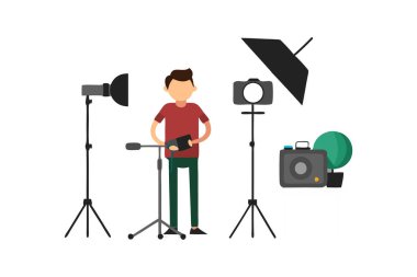 Profesyonel ışıklandırma ekipmanları ve kamera kurulumlarıyla çevrili bir stüdyoda fotoğrafçının vektör çizimi.