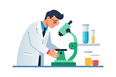 Laboratuvar önlüklü bir bilim adamının, renkli sıvılarla dolu test tüpleriyle bir laboratuarda mikroskop altında örnekleri incelerkenki görüntüsü..