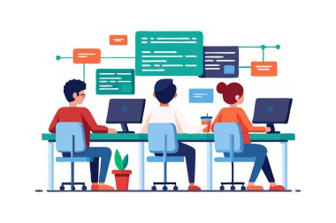 Modern, işbirlikçi bir ofis ortamında bilgisayarlar üzerinde birlikte çalışan genç profesyonellerden oluşan bir ekip, programlama ve yeniliğe odaklandı..