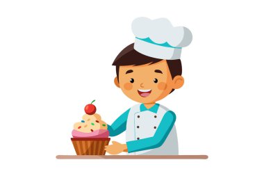 Fırıncı gibi giyinmiş, aşçı şapkası takmış, elinde renkli bir kek ve üstüne de vişne serpiştirmiş gülümseyen çizgi film çocuğu.