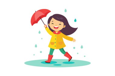 Sarı yağmurluklu ve kırmızı çizmeli neşeli çocuk yağmurlu bir günde kırmızı şemsiyeyle su birikintilerine atlıyor. Eğlenceli ve eğlenceli illüstrasyon.