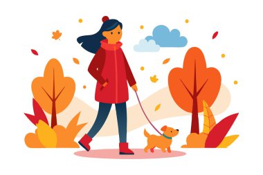 Renkli bir sonbahar parkında köpeğini gezdiren bir kadın tasviri. Etrafı yapraklarla ve canlı yapraklarla çevrili.