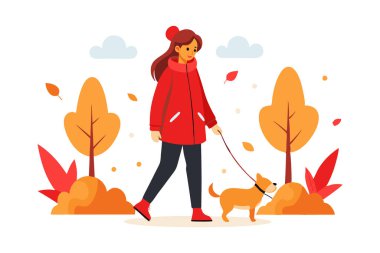 Renkli ağaçlar ve dökülen yapraklarla dolu güzel bir sonbahar gününde köpeğini yürüyüşe çıkaran bir kadın tasviri..