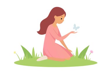 Pembe elbiseli bir kızın elinde bir kelebek ile çimlerin üzerinde diz çöküp huzuru ve doğayı sembolize edişinin temsili..