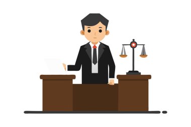 Bir avukatın mahkeme salonunda, adalet terazisinin ve yasal belgelerin yanında durduğu tasviri. Hukuk, adalet ve hukukla ilgili konular için mükemmel..