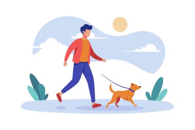 Güneşli bir gökyüzü ve bulutları olan parkta tasmalı bir köpeği gezdiren bir adam tasviri.