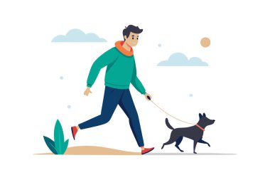 Güneşli bir günde arka planda bitkiler ve bulutlarla parkta köpeğini gezdiren bir adamın karikatürü..