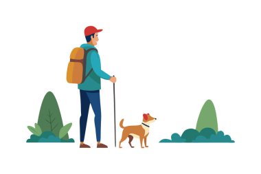 Köpeğiyle doğa yürüyüşüne çıkan bir adamın vektör çizimi. Görüntü açık hava aktivitesini, macerayı ve arkadaşlığı tasvir eder..