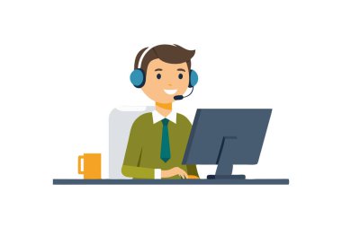 Gülümseyen müşteri hizmetleri temsilcisi bilgisayar başında çalışan bir kulaklık takıyor. İletişim, destek ve ofis işi kavramı.