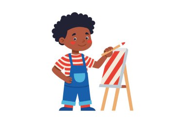 Çizgili gömlek ve tulumla sehpada mutlu çocuk resimleri. Sanat, yaratıcılık ve çocukluk kavramı.