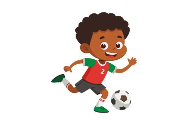 Mutlu çizgi film çocuğu topla futbol oynuyor, kırmızı forma giyiyor ve coşkulu görünüyor. Spor, çocuk aktiviteleri ve eğlenceli temalar için ideal.