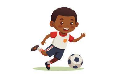 Mutlu bir ifadeyle futbol oynayan bir çocuğun çizgi film çizimi, gençlik sporlarının neşe ve eğlencesini sergiliyor..