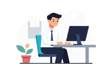 Modern bir ofis ortamını temsil eden bilgisayar ve fabrikayla masa başında çalışan genç bir profesyonelin resmi..