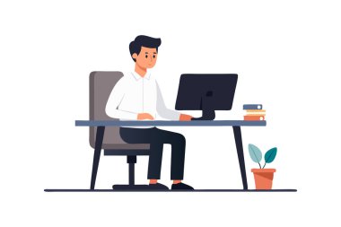 Modern ofis ortamında bilgisayar ve kitaplarla masa başında çalışan genç bir adamın tasviri