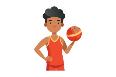 Kırmızı elbiseli genç bir basketbolcunun çizgi filmi, elinde bir top, kendine güvenerek ayakta duruyor. Spor, takım ruhu ve atletik kavramlar için mükemmel..