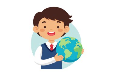 Küresel eğitimi, çevresel farkındalığı ve öğrenmeyi sembolize eden mutlu bir çocuğun tasviri. Eğitim ve çevre konuları için ideal.