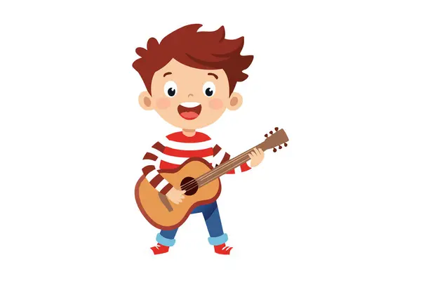 stock vector Illustration of a cheerful cartoon boy playing an acoustic guitar and smiling happily. Fun and joy of music and childhood.