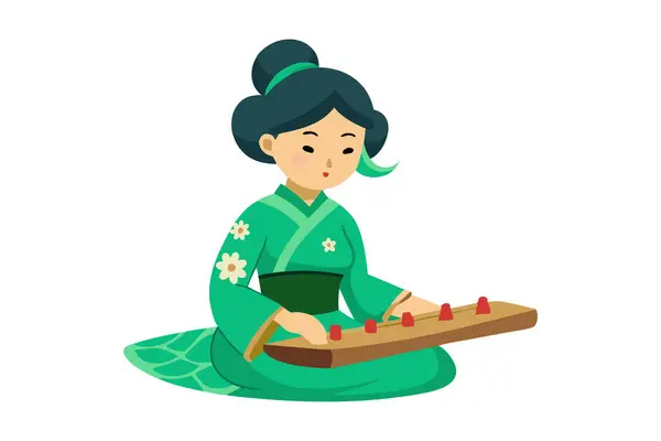 stock vector Illustration of a woman in green traditional attire playing a string instrument. The image conveys serenity, culture, and tradition.