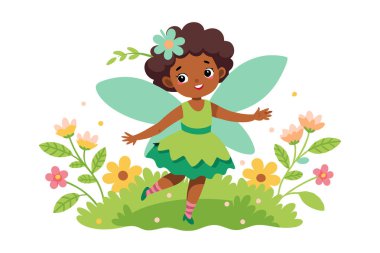 Kelebek kanatlı mutlu bir kızın renkli bir çiçek bahçesiyle çevrili olduğu tuhaf bir peri çizimi. Çocuk hikayeleri, fantezi temaları ve yaratıcı oyunlar için mükemmel..